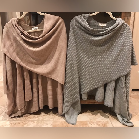 Calvin Klein One size Poncho/Shaws set - Gray and Tan - Picture 2 of 15